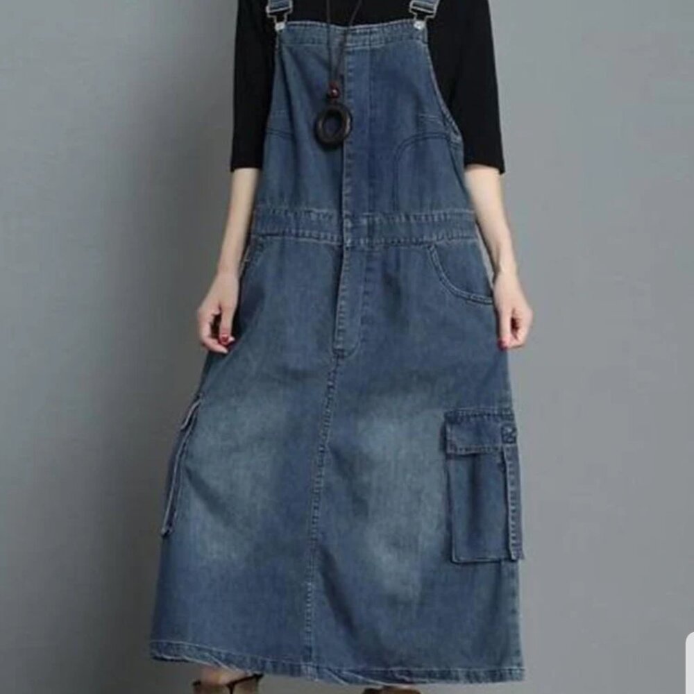 Denim Cargo Overalls Dress with Zipper Size M NWTO - Picture 2 of 9